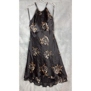VTG Nine West 100% Silk Dress Womens 8 Black Floral Whimsigoth Dark Forest Fairy